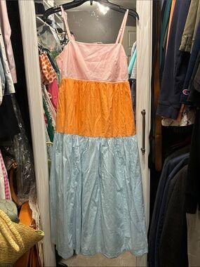 J Crew Colorblock Tiered Maxi Dress - Pink Orange Light Blue
